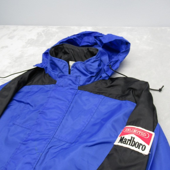 Vintage Marlboro Unlimited Jacket Mens Large Blue Black Hooded Full Zip Rain 90s - Picture 5 of 15